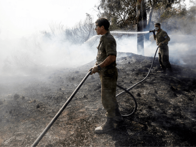 Israeli soldiers attempt to extinguish a fire in a forest field near the Kibbutz of Nahal Oz, along the border with the Gaza Strip, on July 17 after it was caused by inflammable material attached to a balloon flown by Palestinian protesters from across the border. (Photo by MENAHEM KAHANA …