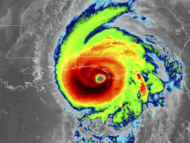 This infrared satellite image made available by NOAA shows Hurricane Michael approaching the Florida panhandle on Wednesday, Oct. 10, 2018 at 11:40 a.m. EDT. (NOAA via AP)