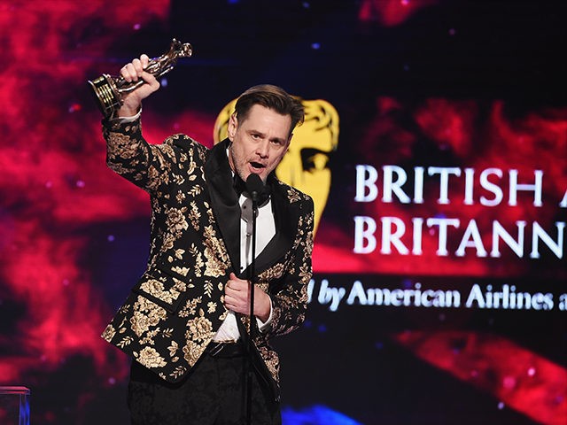 BEVERLY HILLS, CA - OCTOBER 26: Jim Carrey accepts the Charlie Chaplin Britannia Award for Excellence in Comedy presented by Jaguar Land Rover onstage at the 2018 British Academy Britannia Awards presented by Jaguar Land Rover and American Airlines at The Beverly Hilton Hotel on October 26, 2018 in Beverly …