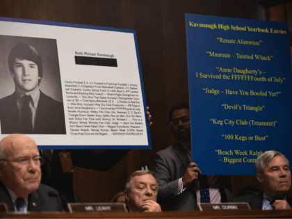 Extracts of his high school yearbook are displayed as Supreme Court nominee Brett Kavanaug