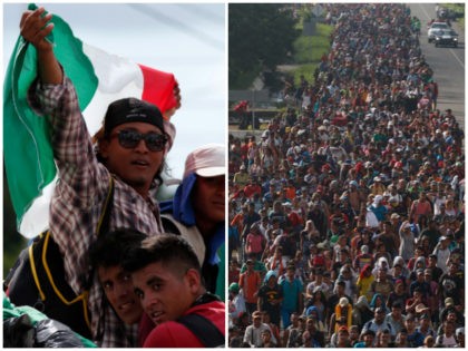 Central American migrants making their way to the U.S. in a large caravan wave a Mexican f