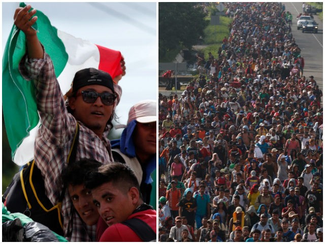 Central American migrants making their way to the U.S. in a large caravan wave a Mexican flag as they arrive to Tapachula, Mexico, after a truck driver gave them a free ride, Sunday, Oct. 21, 2018. Despite Mexican efforts to stop them at the Guatemala-Mexico border, about 5,000 Central American …