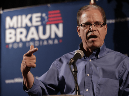 Republican Senate candidate Mike Braun thanks supporters after winning the republican primary in Whitestown, Ind., Tuesday, May 8, 2018. Braun faced Todd Rokita and Luke Messer in the Republican primary race. Braun advances to a November matchup with Democrat Joe Donnelly, who is considered one of the Senate's most vulnerable …