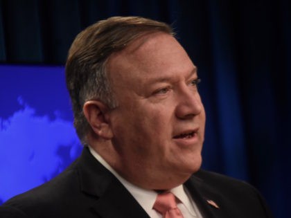 Secretary of State Mike Pompeo spoke to reporters on Tuesday at the State Department about the thousands of Central American migrants who are heading to the U.S. border with Mexico. (Penny Starr/Breitbart News)