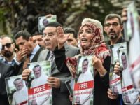 Nobel Peace Prize laureate Yemeni Tawakkol Karman (R), flanked by Egytian opposition politican Ayman Nour (L), holds pictures of missing journalist Jamal Khashoggi during a demonstration in front of the Saudi Arabian consulate on October 8, 2018 in Istanbul Nobel Peace Prize laureate Yemeni Tawakkol Karman (R), flanked by Egytian opposition politican Ayman Nour (L), holds pictures of missing journalist Jamal Khashoggi during a demonstration in front of the Saudi Arabian consulate on October 8, 2018 in Istanbul