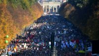Demonstrators marched to Berlin's Brandenburg Gate where German groups performed a concert