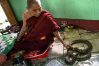 A monk strokes a snake at the Baungdawgyoke pagoda, outside Yangon
