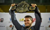 UFC officials say they have not been approached by Floyd Mayweather about a possible boxing bout against UFC lightweight champion Khabib Nurmagomedov of Russia, shown with his title belt