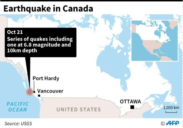 Map locating the earthquake off the western coast of Canada Four earthquakes strike off Canada's west coast