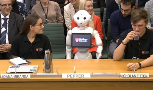 Robot's debut in UK parliament invites 'Maybot' mockery