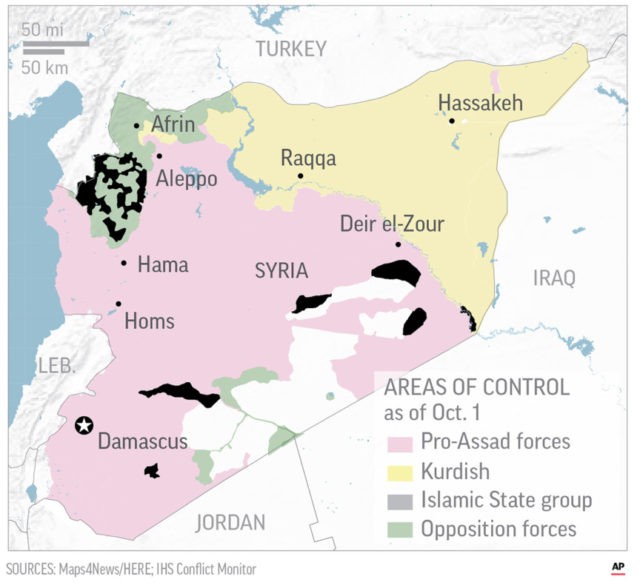SYRIA SYRIA Map shows the latest areas of control by Pro Assad, Kurdish, Islamic State and Free Syrian Army forces. The Associated Press