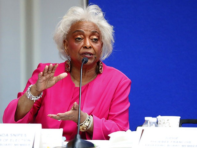 FILE- In this Nov. 12, 2018 file photos, Broward County Supervisor of Elections Brenda Snipes answers questions at the Supervisor of Elections office in Lauderhill, Fla. Snipes is a target for the GOP, including former Gov. Jeb Bush, who appointed her to the post in 2003. Snipes, a Democrat, has …