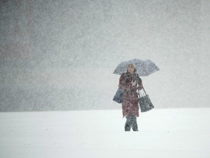A person walks across Independence Mall during a snow storm in Philadelphia, Thursday, Nov. 15, 2018. (AP Photo/Matt Rourke)