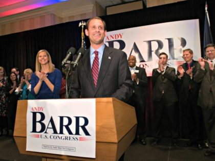 Barr 2012 Republican Andy Barr and his wife, Carol, left, address supporters Tuesday, Nov. 6, 2012 at the Marriott Griffin Gate in Lexington, Ky., to claim Kentucky's 6th Congressional District win from the incumbent, U.S. Rep. Ben Chandler, a Democrat.