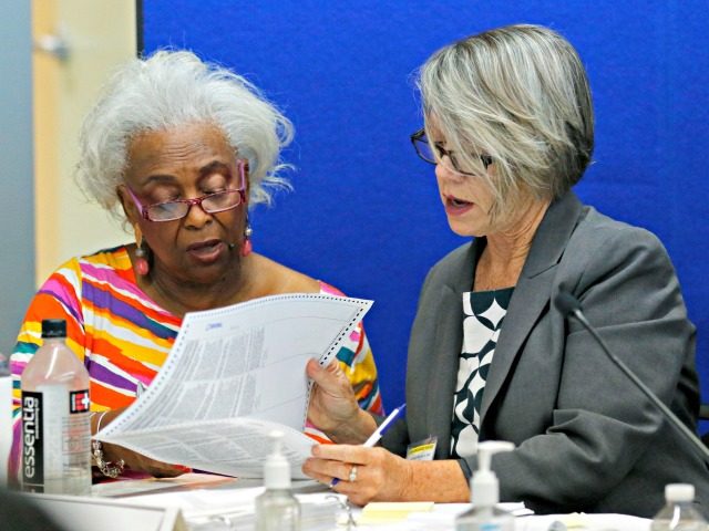 Dr. Brenda Snipes, left, Broward County Supervisor of Elections, looks at a ballot with Betsy Benson, canvasing board chair during a canvasing board meeting Friday, Nov. 9, 2018, in Lauderhill, Fla. The deeply purple state will learn Saturday afternoon whether there will be recounts in the bitter and tight U.S. …