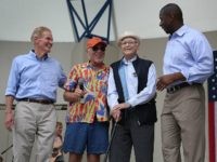 WEST PALM BEACH, FLORIDA - NOVEMBER 03: U.S. Senator Bill Nelson (D-FL) (L) and Florida Democratic governor candidate Andrew Gillum (R) stand on stage with Jimmy Buffett (2nd L) and Norman Lear during a Get Out the Vote rally at the Meyer Amphitheatre on November 03, 2018 in West Palm …