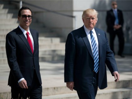 US President Donald J. Trump (R) and Secretary of Treasury Steven Mnuchin (L) walk out of