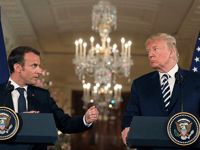 US President Donald Trump and French President Emmanuel Macron hold a joint press conference at the White House in Washington, DC, on April 24, 2018. (Photo by LUDOVIC MARIN / AFP) (Photo credit should read LUDOVIC MARIN/AFP/Getty Images)