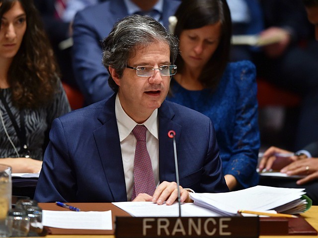French Ambassador to the UN, Francois Delattre, speaks during a UN Security Council meeting at the United Nations Headquarters in New York, on April 14, 2018. The UN Security Council on Saturday opened a meeting at Russia's request to discuss military strikes carried out by the United States, France and Britain on Syria in response to a suspected chemical weapons attack. Russia circulated a draft resolution calling for condemnation of the military action, but Britain's ambassador said the strikes were 'both right and legal' to alleviate humanitarian suffering in Syria. / AFP PHOTO / HECTOR RETAMAL (Photo credit should read HECTOR RETAMAL/AFP/Getty Images)