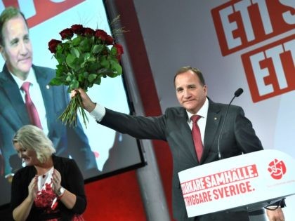 Prime minister and party leader of the Social democrat party Stefan Lofven addresses suppo