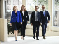 GettyImages-1031883564 The Alliansen party leaders (L-R) Ebba Busch Thor of the Christian Democratic Party, Annie Loof of the Swedish Center Party, Ulf Kristersson of the Moderates and Jan Bjorklund of the Liberals arrive for a press conference at the Swedish Parliment in Stockholm, on September 12, 2018. (Photo by Henrik MONTGOMERY …