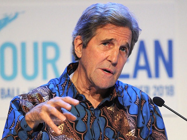 Former US secretary of state John Kerry speaks during the fifth Our Ocean Conference in Nusadua, Indonesia's resort island of Bali, on October 29, 2018. - The 5th Our Ocean Conference will held in Bali from 29 to 30 October 2018. (Photo by SONNY TUMBELAKA / AFP) (Photo credit should …