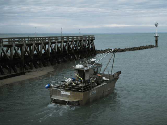 A fishing boat leaves the port of Grandcamp-Maisy on the Normandy coast, north-western Fra