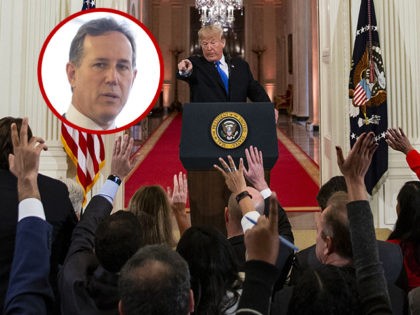 (INSET: Rick Santorum) WASHINGTON, DC - NOVEMBER 07: (AFP OUT) U.S. President Donald Trump points to reporters during a news conference a day after the midterm elections on November 7, 2018 in the East Room of the White House in Washington, DC. Republicans kept the Senate majority but lost control …