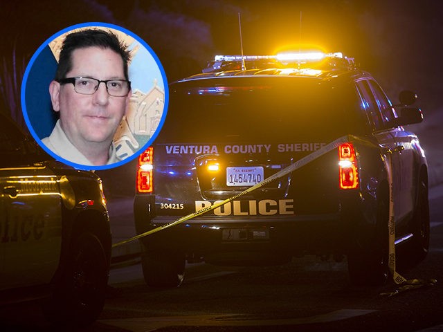 (INSET: Sgt. Ron Helus) THOUSAND OAKS, CA - NOVEMBER 08: A Ventura County Sheriffs officer