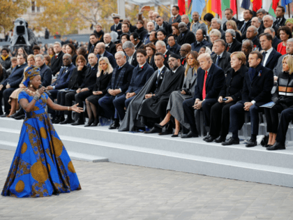 Beninese singer Angelique Kidjo performs in front of Heads of State and government attending a ceremony at the Arc de Triomphe in Paris on November 11, 2018 as part of commemorations marking the 100th anniversary of the 11 November 1918 armistice, ending World War I. (Photo by Francois Mori / …