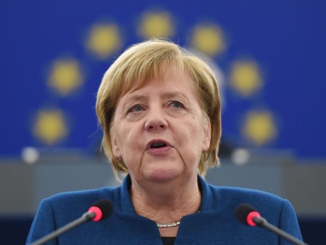German Chancellor Angela Merkel speaks during a debate on the futur of Europe during a plenary session at the European Parliament in Strasbourg, eastern France, November 13, 2018. - German Chancellor Angela Merkel on November 13 made a clear call for a future European army, in an apparent rebuke to …