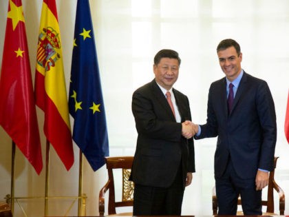 MADRID, SPAIN - NOVEMBER 28: Spanish Prime Minister Pedro Sanchez (R) shakes hands with Chinese President Xi Jinping after signing agreements between both countries at Moncloa Palace on November 28, 2018 in Madrid, Spain. Xi Jinping is on a tour to sign investment projects and trade agreements with Spain as …