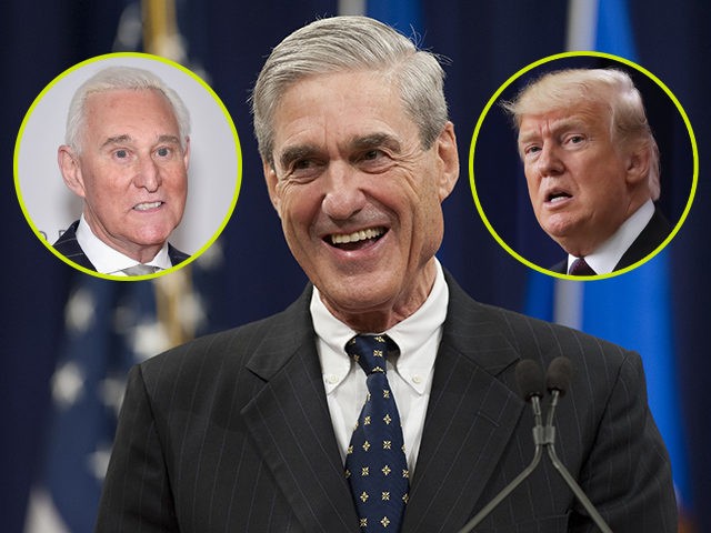 (INSETS: Roger Stone, Donald Trump) Federal Bureau of Investigation (FBI) Director Robert Mueller laughs during a farewell ceremony in his honor at the Department of Justice on August 1, 2013. Mueller is retiring from the FBI after 12-years in the post. AFP PHOTO / Saul LOEB (Photo credit should read …