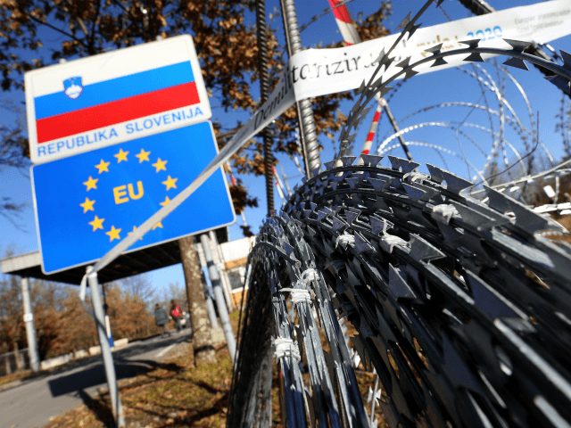 A picture taken on December 19, 2015 shows a razor-wire fence on the Lucija Brezovica border crossing rolled out by Slovenia on Croatia's border to block the path of migrants. / AFP / STRINGER (Photo credit should read STRINGER/AFP/Getty Images)