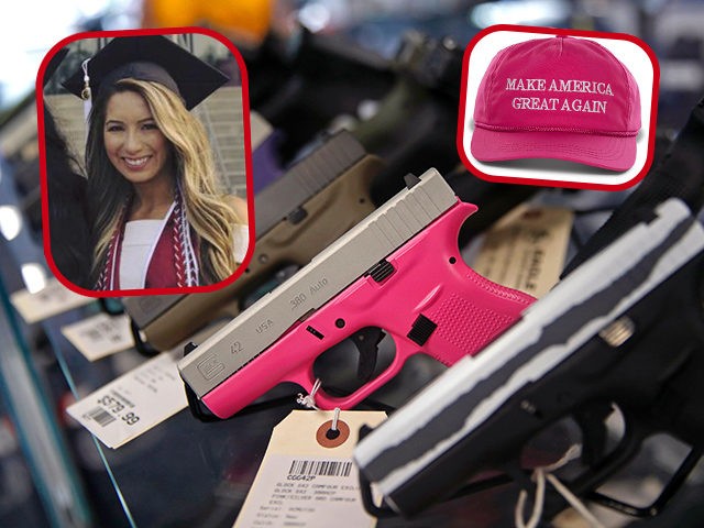 (INSET: Harvard student Leyla Pirnie) A gun with a pink grip is seen for sale at the Eagle Sports gun range in Oak Forest, Illinois, July 16, 2017. (Photo by JIM YOUNG / AFP) / With AFP Story by Nova SAFO: A gun club for Chicago women concerned about violence …