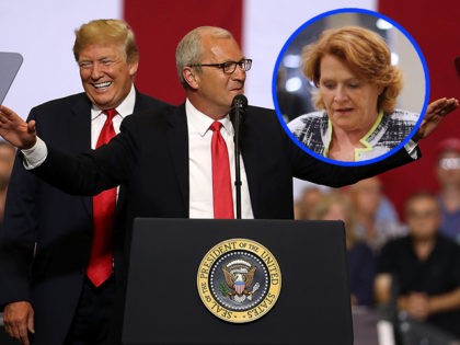 FARGO, ND - JUNE 27: U.S. president Donald Trump (L) looks on as U.S. Rep. Kevin Cramer (R-ND) speaks to supporters during a campaign rally at Scheels Arena on June 27, 2018 in Fargo, North Dakota. President Trump held a campaign style "Make America Great Again" rally in Fargo, North …
