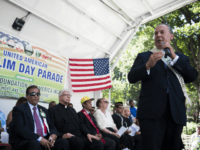 Rabbi Marc Schneider speaks during the during the 32nd Annual Muslim Day Parade Sunday, Sept. 24, 2017 in New York. Rabbi Schneier was named the Honorary Grand Marshal of the parade. (AP Photo/Michael Noble Jr.)