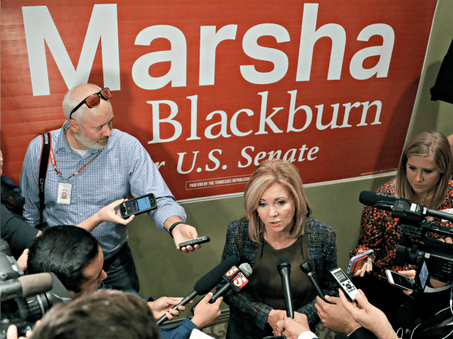 Republican Senate hopeful Marsha Blackburn answers questions during a campaign stop Wednesday, Oct. 17, 2018, in Franklin, Tenn. Wednesday is the first day of Tennessee's early voting.