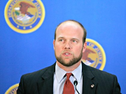 U.S. Attorney Matthew Whitaker speaks during a news conference Wednesday, Dec. 20, 2006, in Des Moines, Iowa. The federal government has charged 23 illegal aliens taken into custody last week at a raid at a Swift & Co. meatpacking plant in Marshalltown, Iowa. Whitaker said Wednesday that the workers were …
