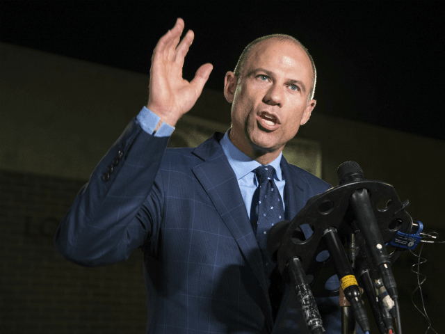 Michael Avenatti speaks to the media outside the Los Angeles Police Department's Pacific D