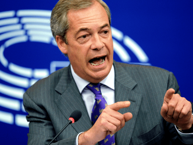Former leader of the United Kingdom Independence Party (UKIP) Nigel Farage gestures as he