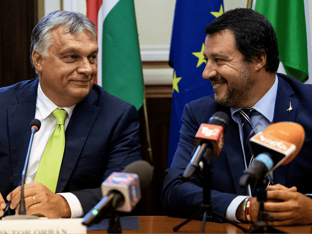Italy's Interior Minister Matteo Salvini (R) and Hungary's Prime Minister Viktor Orban share a light moment as they address a press conference following a meeting in Milan on August 28, 2018. (Photo by MARCO BERTORELLO / AFP) (Photo credit should read MARCO BERTORELLO/AFP/Getty Images)