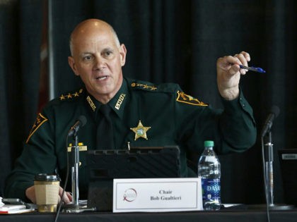FILE- In this June 7, 2018 file photo Marjory Stoneman Douglas High School Public Safety Commission chair and Pinellas County Sheriff Bob Gualtieri gestures as he speaks during a commission meeting in Sunrise, Fla. Guiltieri says he now believes trained, volunteer teachers should have access to guns so they can …