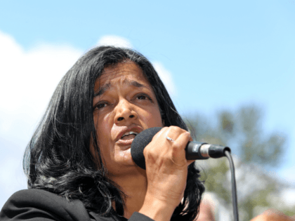 Congresswoman Pramila Jayapal speaks at a press conference outside a Federal Detention Center holding migrant women on June 9, 2018 in SeaTac, Washington. Congresswoman Pramila Jayapal visited the Federal Detention Center-SeaTac to meet with more than 100 asylum seekers, many of whom are women. (Photo by Karen Ducey/Getty Images)