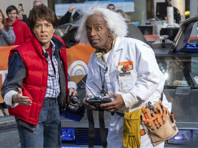 Dylan Dreyer, dressed as Marty McFly, left, and Al Roker, dressed as Dr. Emmett Brown from