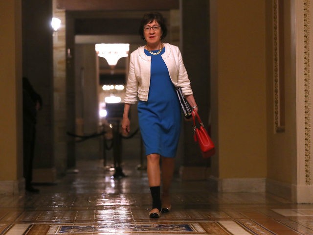 U.S. Sen. Susan Collins (R-ME) walks to the Senate chamber at the U.S. Capitol for all-night voting July 28, 2017 in Washington, DC. Senate Republicans are working to pass a stripped-down, or skinny repeal version of Obamacare reform, with repealing individual and employer mandates and the tax on medical devices …