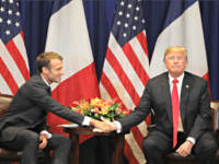 Trump, Macron TOPSHOT - French President Emmanuel Macron (L) shakes hands with US President Donald Trump at the start of a bilateral meeting in New York on September 24, 2018, a day before the start of the General Debate of the 73rd session of the General Assembly.