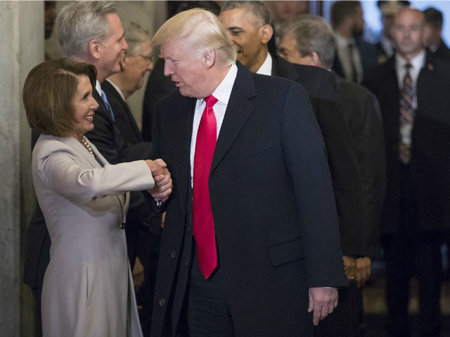 President-elect Donald Trump greets House Minority Leader Nancy Pelosi of Calif., and other Congressional leaders as he arrives for his inauguration ceremony on Capitol Hill in Washington, Friday, Jan. 20, 2017. (AP Photo/J. Scott Applewhite, Pool)