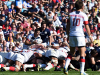 US scrum half Mike Petri (L) prepares to feed the ball into a srum next to Scotland's scrum half and captain Henry Pyrgos (2nd L) during a Pool B match of the 2015 Rugby World Cup between Scotland and USA at Elland Road in Leeds, north England, on September 27, …