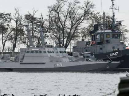 Three Ukrainian ships are seen as they docked after been seized late Sunday, Nov. 25, 2018